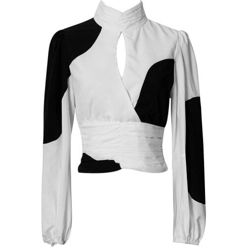Runway Chic Long Sleeve Tops Mujer 2020 Spring Autumn Elegant White/Black Patchwork Chiffon Blouses Womens