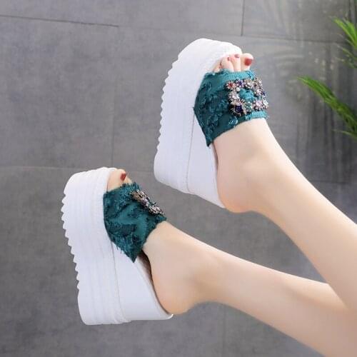 2021 Summer Female Shoes Fish Mouth Cool Slippers Womens Slope Heel Fashion Super High Heel 12cm Thick Bottom Shoes