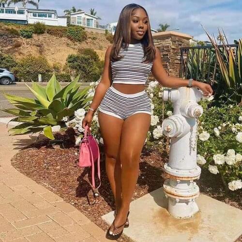Black White Striped Print Two Piece Shorts Set 2021 Women Sexy Sleeveless Slim Fit Crop Top+bodycon Shorts Casual Sweat Suits