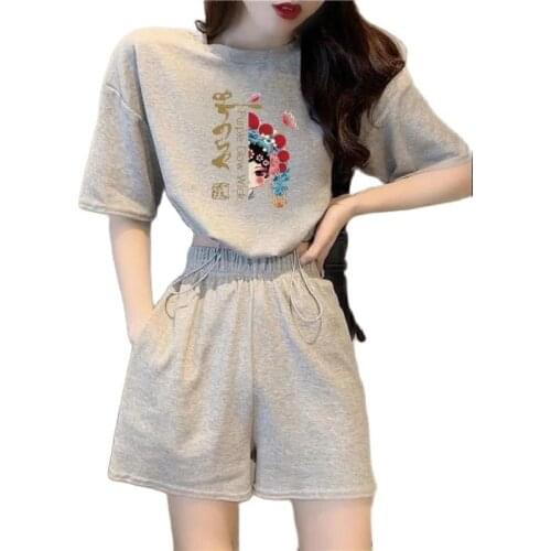 Fashion Printing Womens Summer Suit 2021 New Large Size Loose Casual Shorts Sets Short-Sleeved T-Shirt Waist Wide-Leg Shorts