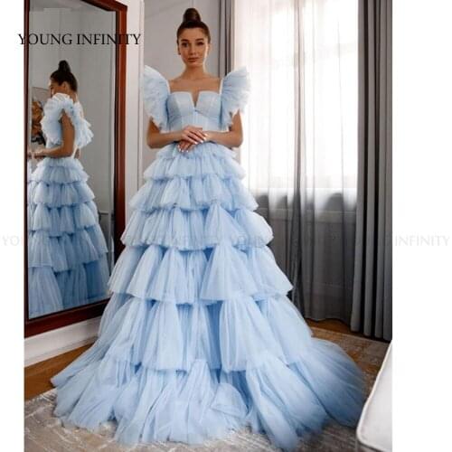 In Fashion Sky Blue Ruffled Long Tulle Cake Prom Dresses 2022 A Line Sleeveless Tiered Floor Length Evening Party Gown Pageant