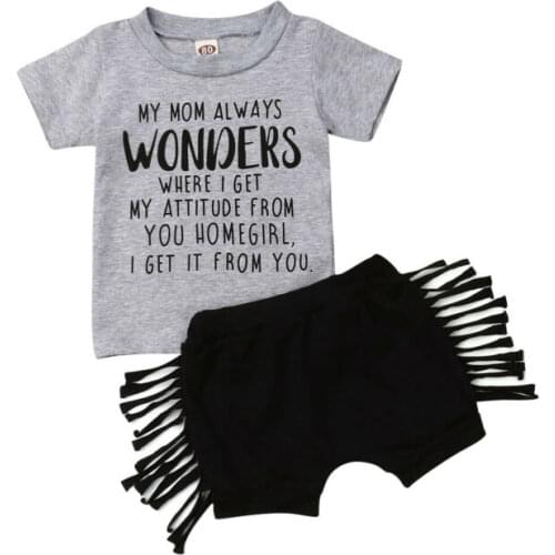 2PCS Newborn Toddler Baby Girl Set Short Sleeve letter T Shirt Tops Short Tassel Pants Clothes Summer Casual Clothes Outfits