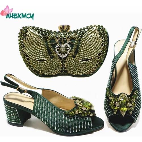 2021 High Quality Mature Style African Women Shoes and Bag Set in Dark Green Color with Shinnin Crystal for Wedding Party
