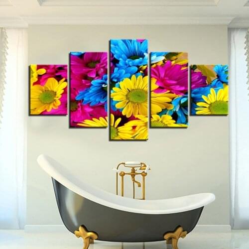 5 Pieces Colorful Rainbow Flowers Canvas Painting Plants Daisy Posters Pieces For Home Fresh Decor Wallpapers Framework Art
