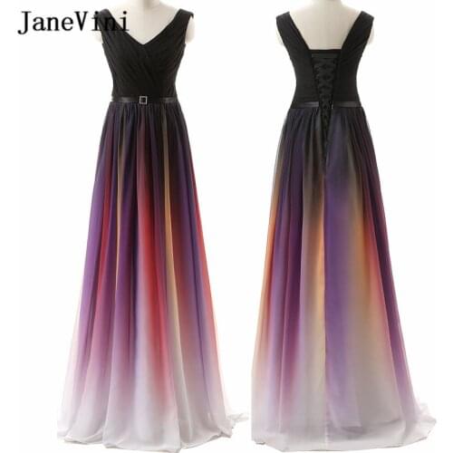 JaneVini 2018 Gradient Long Bridesmaid Dresses for Wedding Party V Neck Chiffon Girls Maid of Honor Gowns Vestidos Dama De Honra