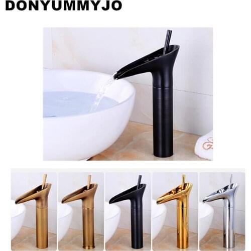 DONYUMMYJO Hot Sale Wholesale Promotion Waterfall Bathroom Golden Faucet Single Handle Vanity Sink Mixer Tap Deck Mount