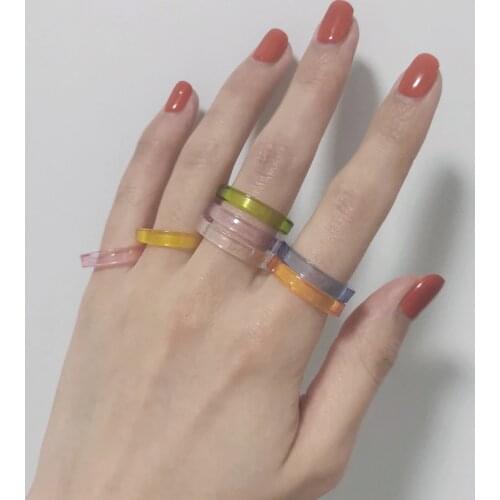 QUMENG 2021 Elegance Trendy Simple Colorful Transparent Resin Rings Set Geometric Round Finger Ring for Girl Party Jewelry Gift