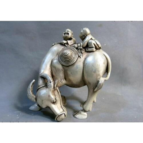 China silver carved beautiful ox Sculpture two shepherd boy on cattle Statue