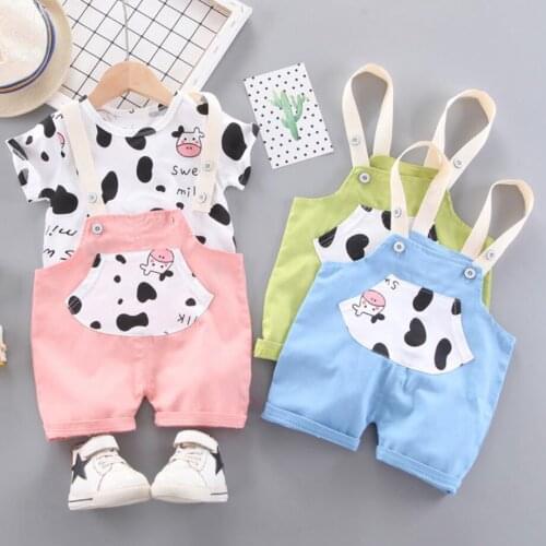 Baby Boys Girls Clothing Sets Summer Toddler Kids Cartoon Cow / Bear Print Pantsuit T-Shirt+Overalls 2Pcs Outfit Infants Suit