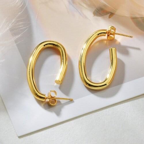 ALLNEWME INS Fashion Smooth Surface Hoop Earrings for Women Brass Gold Color Hollow Oval Geometric Statement Earring Pendientes