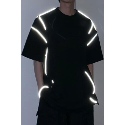 Male Fashion Cotton Clothes Mens Wear Reflective Loose Short-Sleeved T-Shirt for Black White Loose Big Size Tops