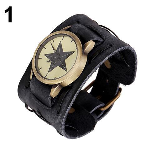 Men Punk Rock Pentagram Print Dial Wide Woven Bracelet Cuff Analog Wrist Watch Relojes