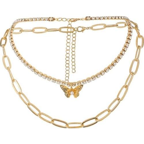 New Hot Sale Fashion Butterfly Pendant Necklace Rhinestone Double-Layer Clavicle Chain Butterfly Dangle Necklace Female Jewelry