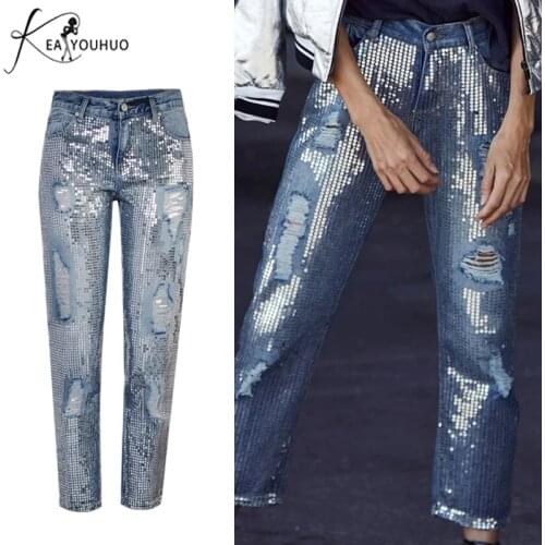 2020 High Waist Skinny Jeans Woman Vintage Sequins Mom Jeans Ripped Boyfriend Jeans For Women Denim Female Plus Size Women Pants