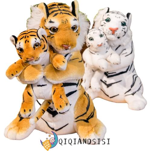37cm Mother-child Animal Plush Toy Adorable Standing White Yellow Tigers Holding Babies Kids Birthday Gift