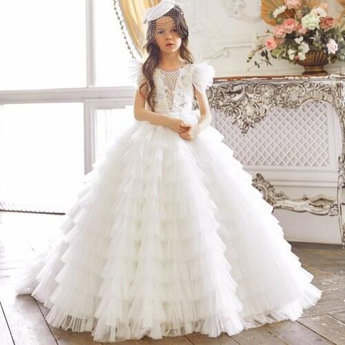 White Tiered Skirts Flower Girl Dresses Cap Sleeves Princess Kids Birthday Party Gowns Customize Ruffles First Communion Dress