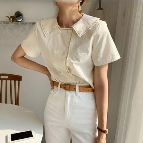 Casual Korean Blouse Cotton Female Tops New Summer Preppy Style Women Short Sleeve Shirt Double-Breasted Sailor Collar