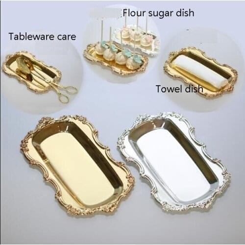 Silver and gold plated rectangle cake pan with Beaded around wedding cake stand cake display rack for wedding decoration FT045