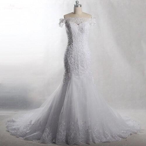 RSW903 Yiaibridal Real Job Pearls Beading Off The Shoulder Short Sleeves Mermaid Wedding Dress 2018