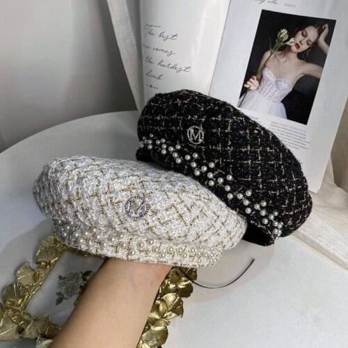 202008-chui gold line plaid M letter pearl lady beret hat women Leisure painter hat