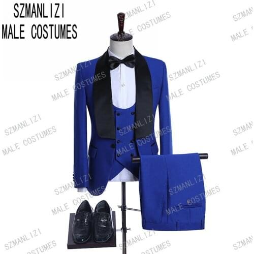 Custom Made Groomsmen Royal Blue Groom Tuxedos 2019 Double Breasted Vest Men Suits Wedding Best Man Blazer ( Jacket+Pants+Vest )