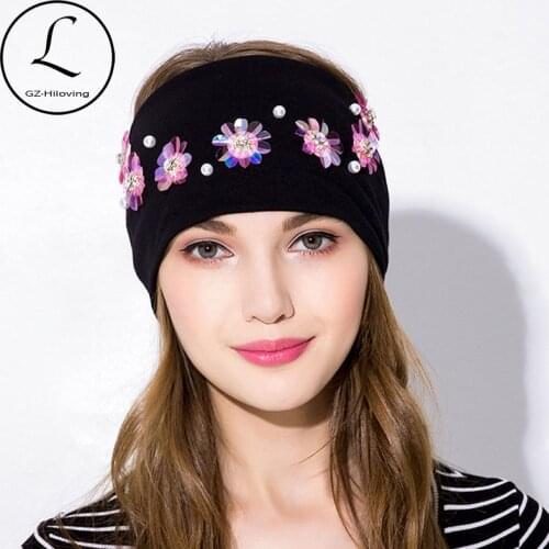 GZHILOVINGL Cotton Headband Stretch With Flower Fashion Women Rhinestone Pearl Headband Headwear Turban Girls Hair Accessories