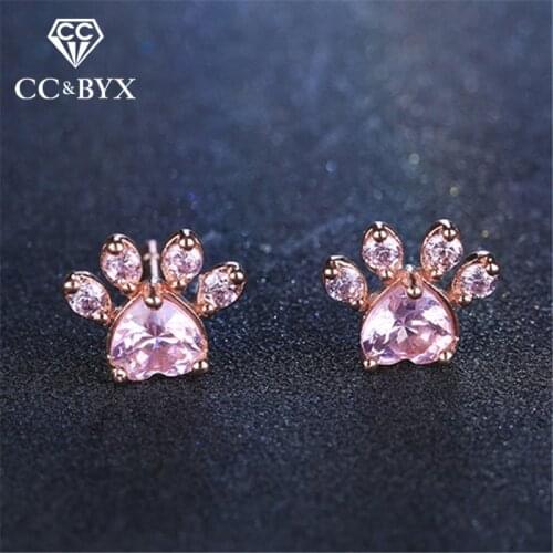 CC Stud Earrings For Women Pink Bears Paw Cubic Zirconia Earring Lovely Cute Girls Bijoux Wedding Bridal Trendy Jewelry CCE371