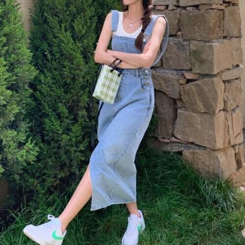 Women Summer Denim Dress 2021 Korean Style Fashion Loose Split Pockets Casual Spaghetti Strap Jeans Long Dresses Vintage