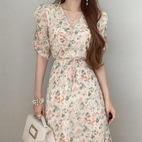 2021 Korean Chic Summer Dress Puff Sleeve Midi Casual Dresses Female One-Piece Elegant Fashion Sweet V-Neck Floral Chiffon Dress