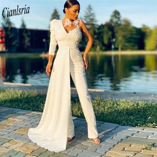 Ivory One Shoulder Evening Jumpsuit Dress Three Quarter Sleeve Appliques Lace Formal Evening Party Cape Dresses