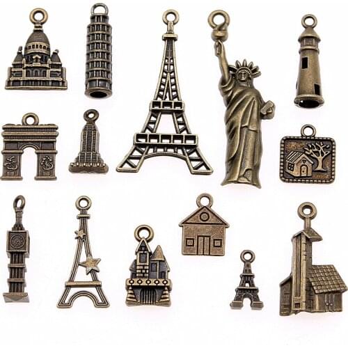 10pcs Charms Famous Buildings Eiffel Statue Of Liberty Opera Big Ben Jewelry Findings Antique Bronze Plated Lighthouse Charm