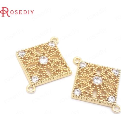 38453)6PCS 16x19.5MM 24K Gold Color Brass and Zircon 2 Hole Square Connect Charms Pendants High Quality Jewelry Making Supplies