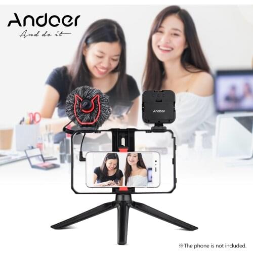 Andoer Smartphone Video Cage Kit with LED Fill Lights Microphone Video Bracket Tripod for Phone Video Recording Live Streaming