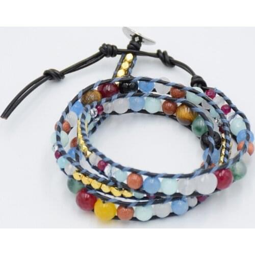 Women Bohemian Boho Bracelets Black Leather Onxy Tiger Eye Stone 3 Multi-layer Strands Woven Handmade Wrap Bracelets Dropship