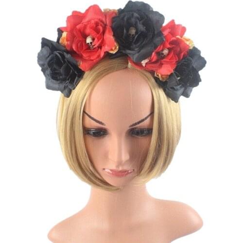 Floral Crown Tiara Day of The Dead Headband Costume Skull buckle Women Helloween Stretch cloth Flower Headband Mexican Headpiece