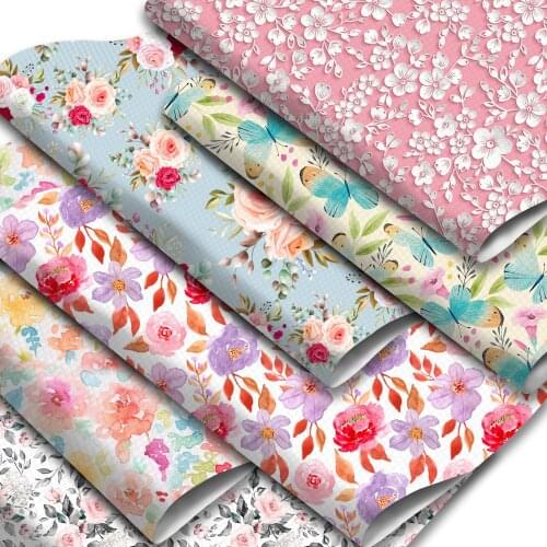 Flower Theme Faux Leather Sheets Blossom Floral Printed Synthetic Leather Fabric Roll 30x140cm for DIY Garments Accessories
