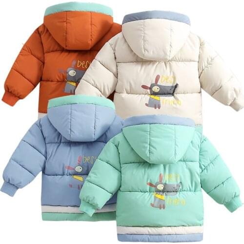 2021 Kids Cotton Jacket Winter Childrens Hooded Plush Cotton Jacket Windbreaker Coat New Boys Girls Medium Length Plush Waist