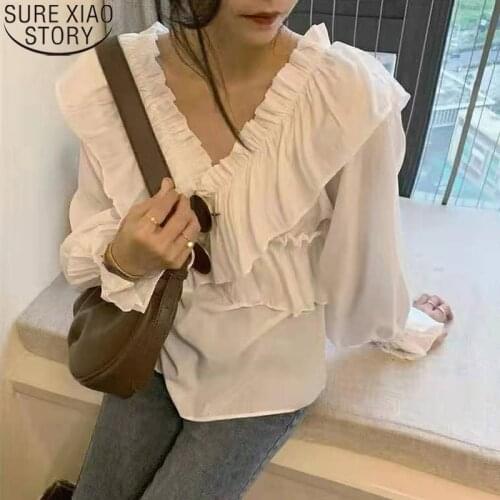 Elegant Women Shirts V-Neck 2021 Spring Long Sleeve Shirt Autumn Ruffle Tops Women Chiffon Blouse Ladies Sexy Blusas Mujer 15619