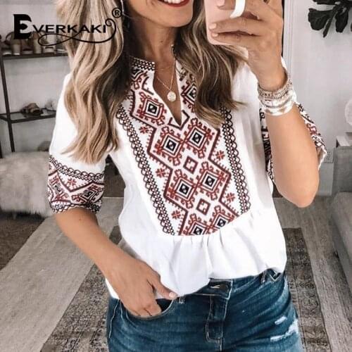 Everkaki Bohemian Pattern Print T-shirt Women Casual Tops Half Sleeve Ladies Summer Plus Size Boho Tees T-shirts Female 2021 New
