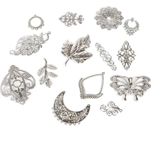 New Arrival (4-50pcs/pack) Leaves Flower Butterfly Filigree DIY Accessories Rhodium Metal Crafts Connector For Jewelry Making