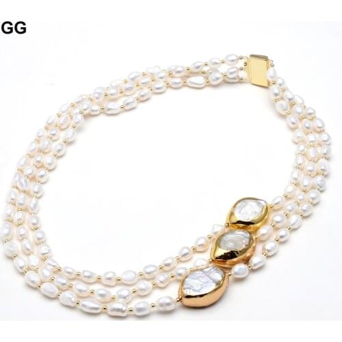 GG Jewelry 20" 3 Rows Cultured Baroque Pearl Necklace Keshi Pearl Gold Color Plated Connector Chokers Luxury Wedding For Women