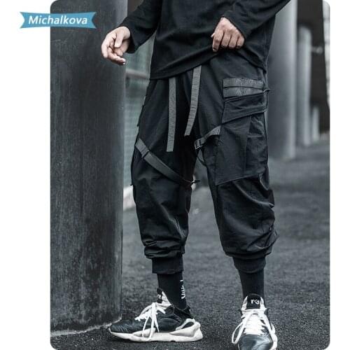 Harajuku Ribbon Overalls jogger pants Cargo Hip Hop Punk style Streetwear Multi pocket women/Mens clothes Casual michalkova
