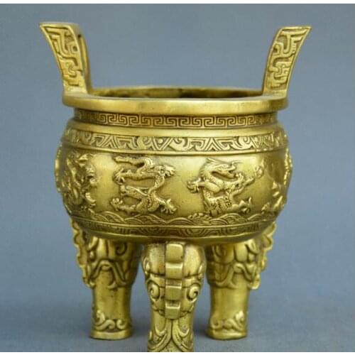 Chinese fengshui old Bronze tripodia ding dragon statue incense burner censer