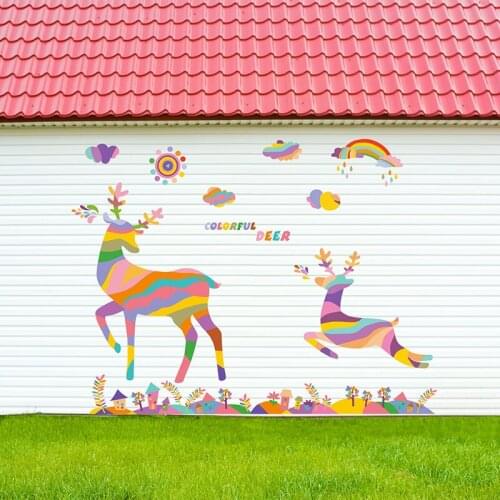 Colorful Rainbow Cartoon Jumping Deer Wall Stickers Forest for Living Room Bedroom Shop window Display Waterproof Removable PVC