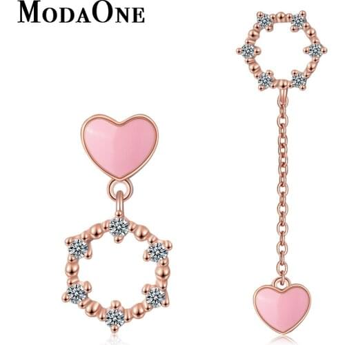 ModaOne Pink Heart Love 925 Sterling Silver Earring For Women Zircon Long Tassel Rose Gold Earring Girls Jewerly Aretes De Mujer