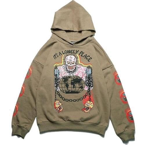 Kanye Skull Graffiti Velvet Hooded Sweatshirts Streetwear Mens Hip Hop Cotton Hoodies