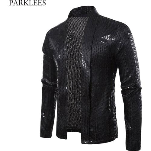 Black Sequins Street Cardigan Blazer Men Disco Dancer Club Party Blazer Jacket Male Casual Hip Hop Swag Clothes for Hipster Men