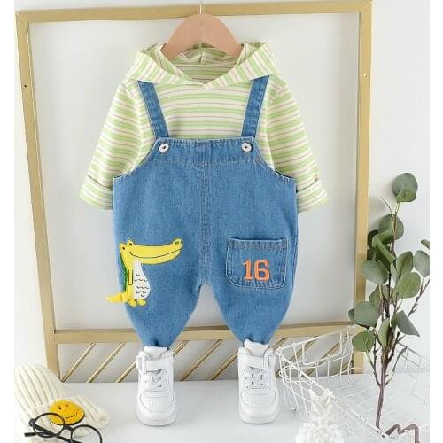 New Toddler Clothes Set Baby Kids Boys Girls Strips Tops Hoodies Cartoon Denim Romper Overalls Outfits Fashion Cute Clothing Set