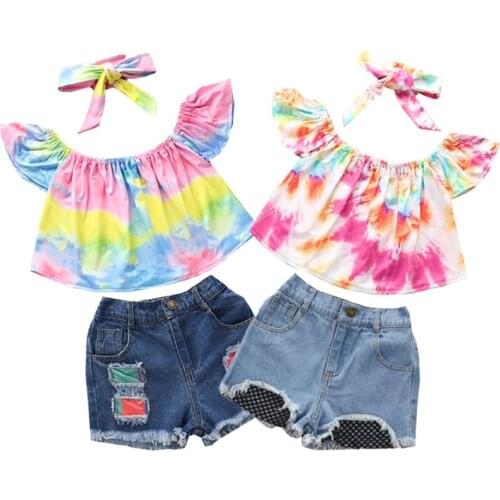 1-6Y Children Girls Clothes Sets Fashion Summer Tie Dye Print Off Shoulder Short Sleeve T-shirts+Patchwork Denim Shorts Outfits