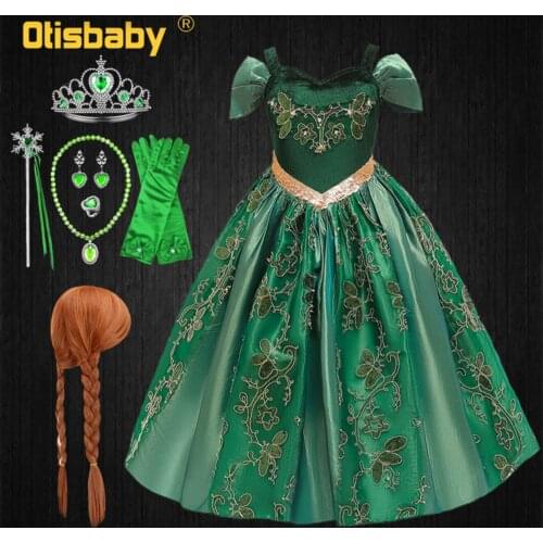 Snow Queen Girls Elsa Anna Dress Green Embroidered Boutique Princess Dress Halloween Anna Costume Child Elegant Evening Dresses